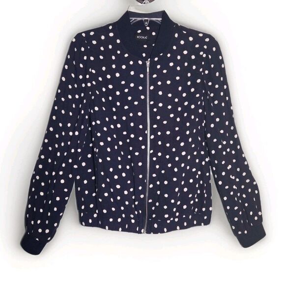 Kookai Polka Dot Bomber Jacket Womens Size 4 / 36 Navy Blue & White Zipper Light - Picture 1 of 9